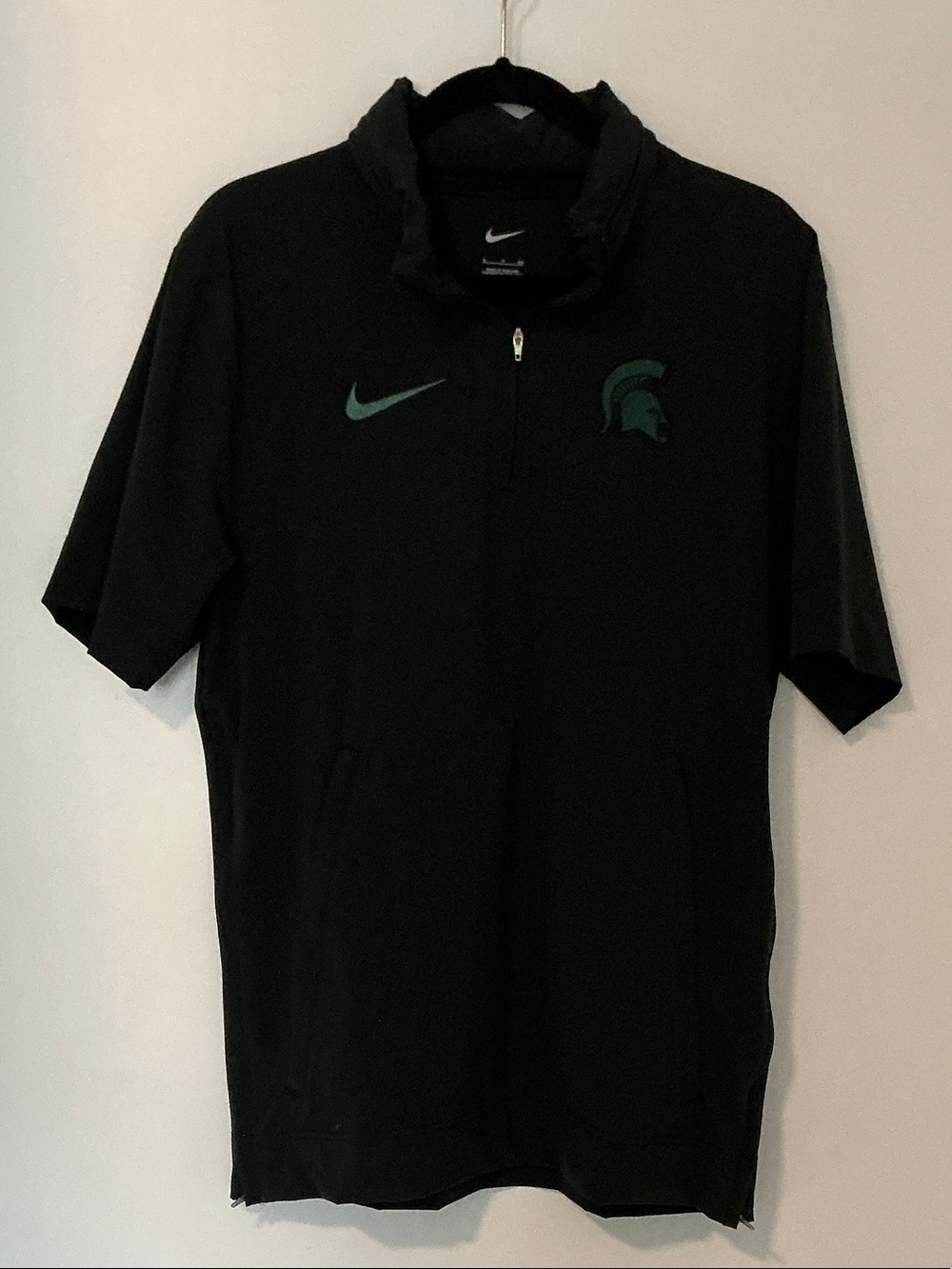 Nike Black Short-Sleeve Quarter-Zip Hoodie with Michigan State Spartan Logo